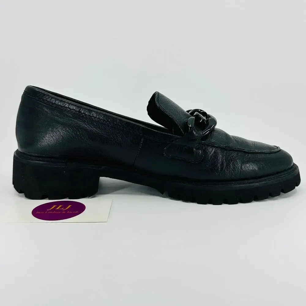 ARA Shoes Women's Kiana Black Pebbled Leather Chain Lug Sole Loafers Size 7.5
